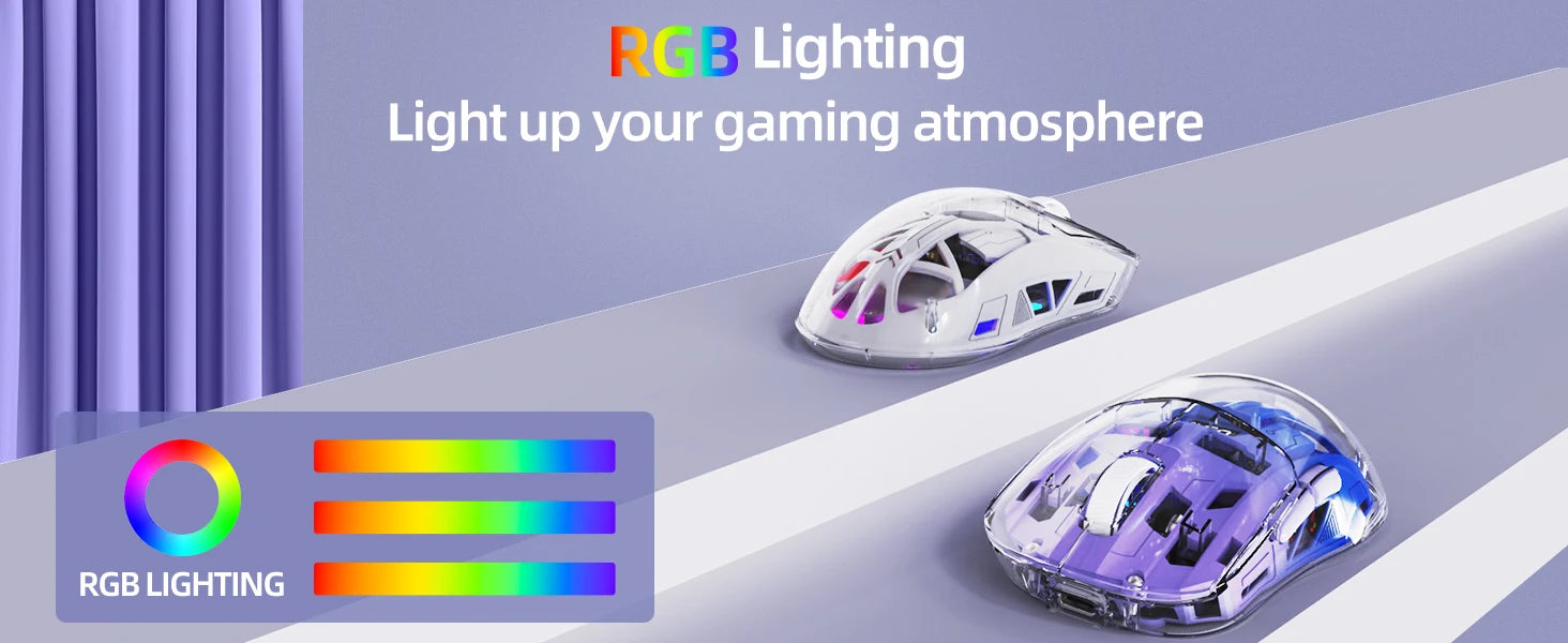 A2 Transparent Wireless Gaming Mouse, BT 5.0/2.4G PC Rechargeable RGB Mice with Digital Screen,PixArt 3212, 5 Adjustable DPI