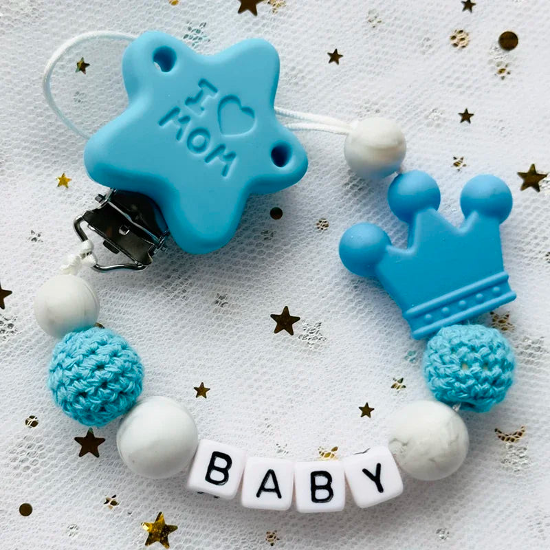 NEW Custom Personalized Name Pacifier Clip Handmade Beech Wooden Chain Silicone Crown Holder Soother Baby Teething Toy Chew Gift by Smarsty