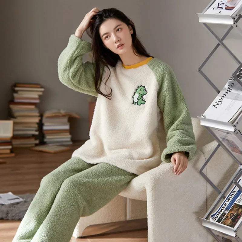 Thickened Warm Flannel Women's Sleepwear Coral Velvet Pajamas Loungewear Winter Cartoon Bear Padded Girl Nightwear Homewear Sets - Smarsty