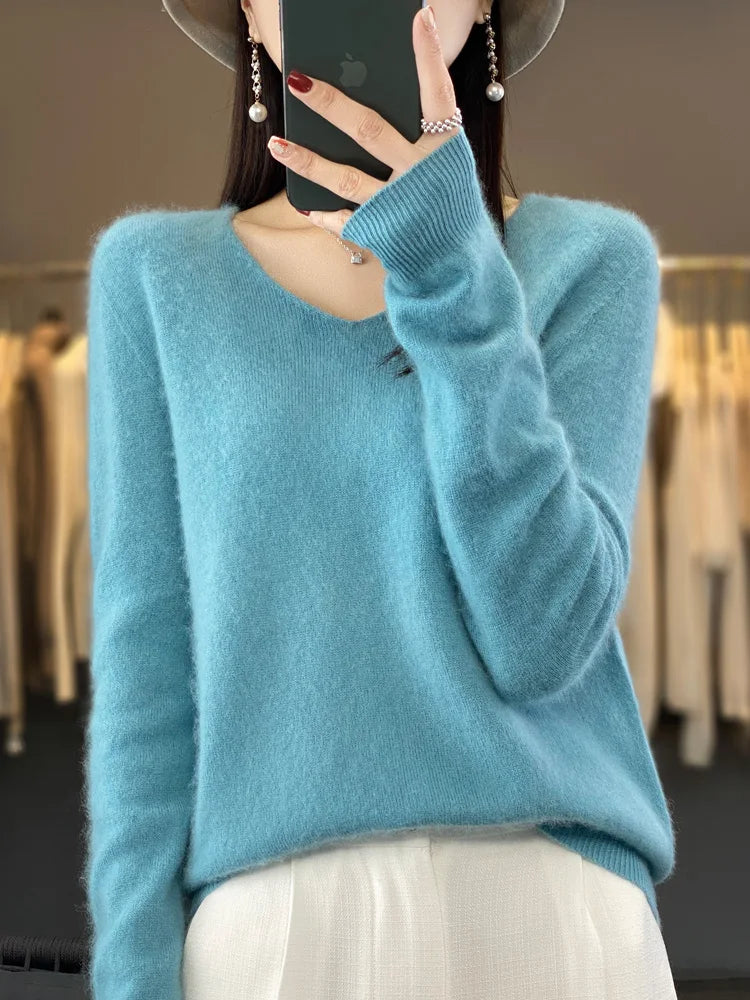 Fashion100% Merino Wool Sweater Cashmere Pullover Women Knitwear V-Neck Long Sleeve Autumn Winter Fashion Basic Clothing Tops - Smarsty
