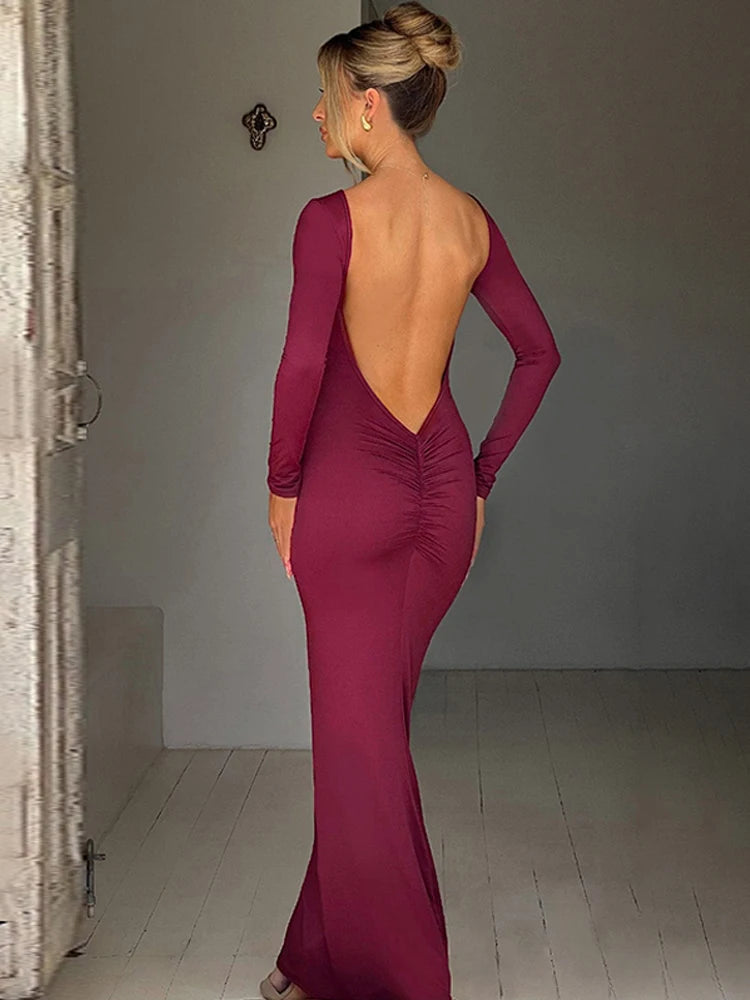 Hugcitar Spring Elegant Long Sleeve Backless Solid Cuched Sexy Bodycon Maxi Prom Dress Women Outfit Evening Party Festival Y2K - Smarsty