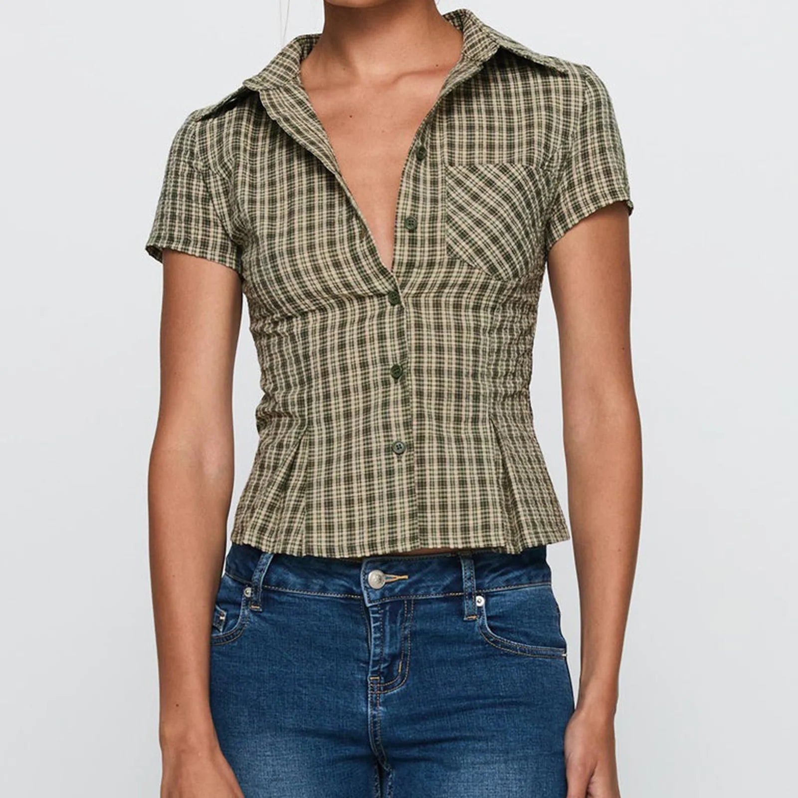 hirigin Women's Y2K Short Sleeve Plaid Button Down Shirt Button Down Blouses Tops Casual Summer Shirt Tops 90s Streetwear - Smarsty