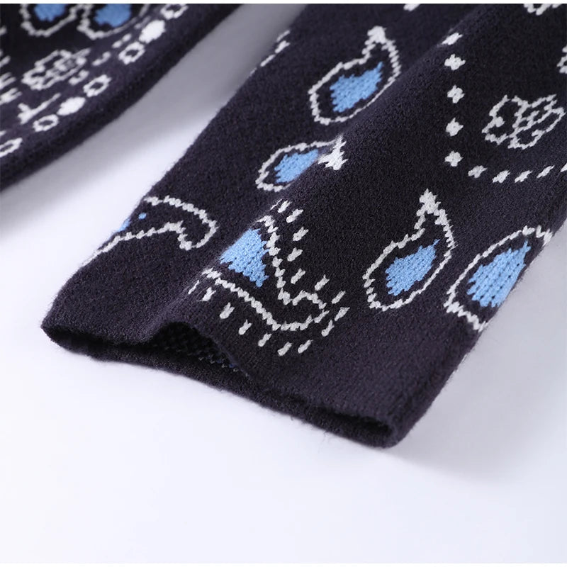Tassel Patchwork Printed Cardigan Women Geometric Patterns Belts V-neck Long Sleeve Knitted Street Lady Sweater 2025 Autumn Coat - Smarsty