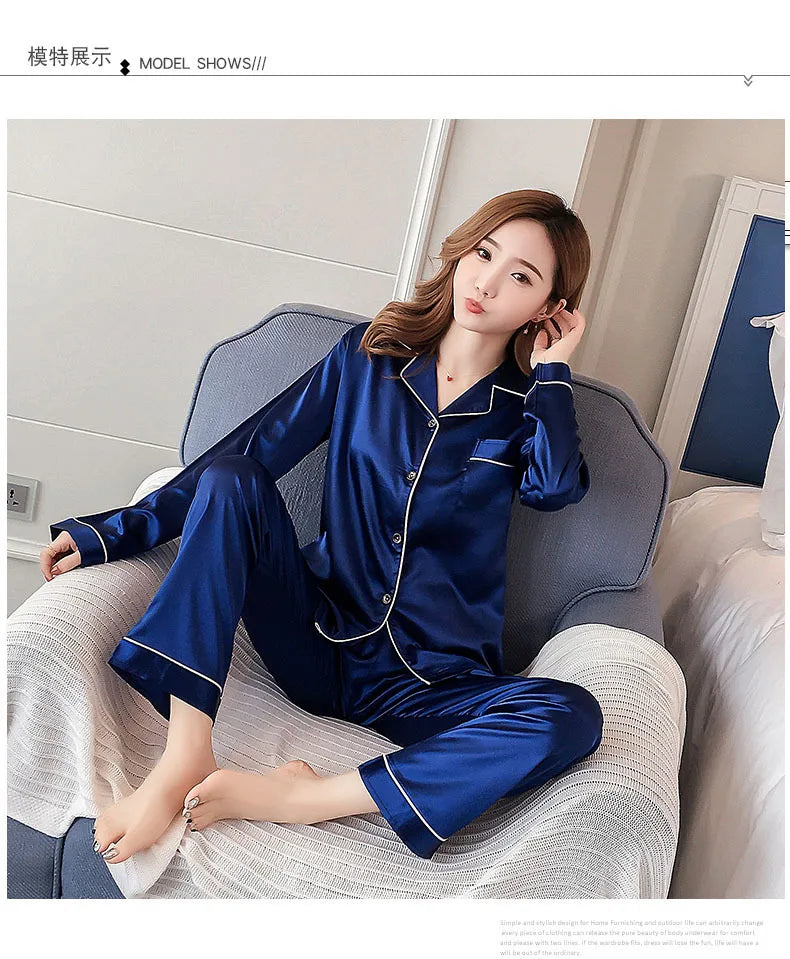 Pajamas Sets for Women 2024 Sexy Silk Women Pijama Sets Sleepwear Long-sleeve Cardigan Set Female Ice Silk Pyjamas Home Clothing - Smarsty