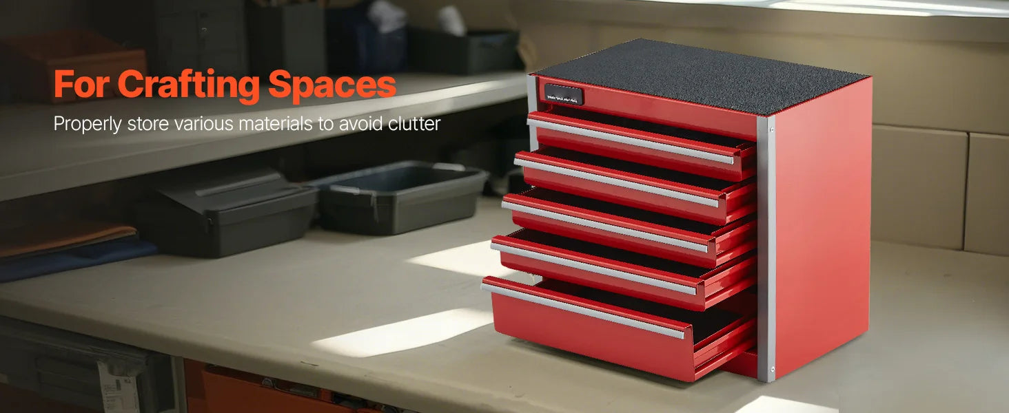 SucceBuy 5-Drawer 8.6in Metal Tool Box Red/Black Portable Small Tool Chest with PP Feet Pads for Garage Workshop Tools Storage