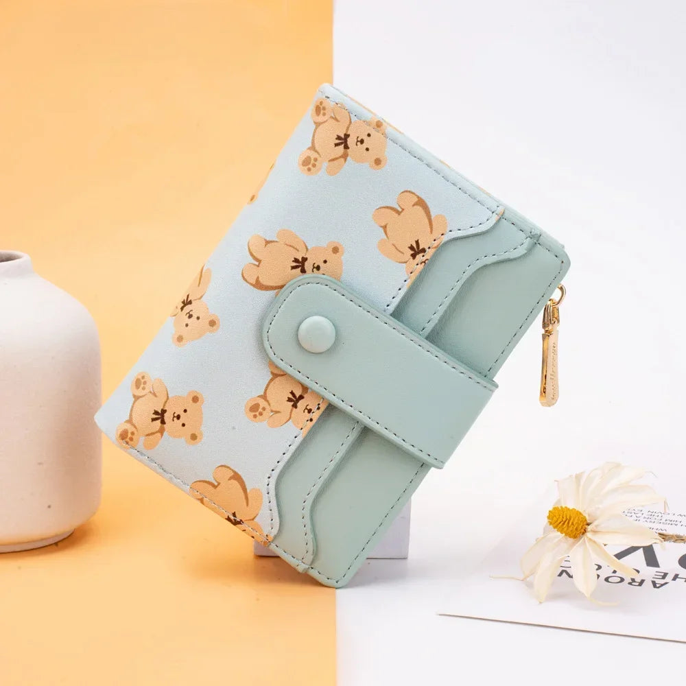 Women Short Wallets PU Leather Female Bifold Purses Cute Bear Card Holder Wallet for Girl Small Zipper Wallet with Coin Purse - Smarsty