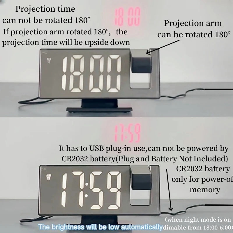180 Degree Projection Alarm Clock with USB Charging - Smarsty