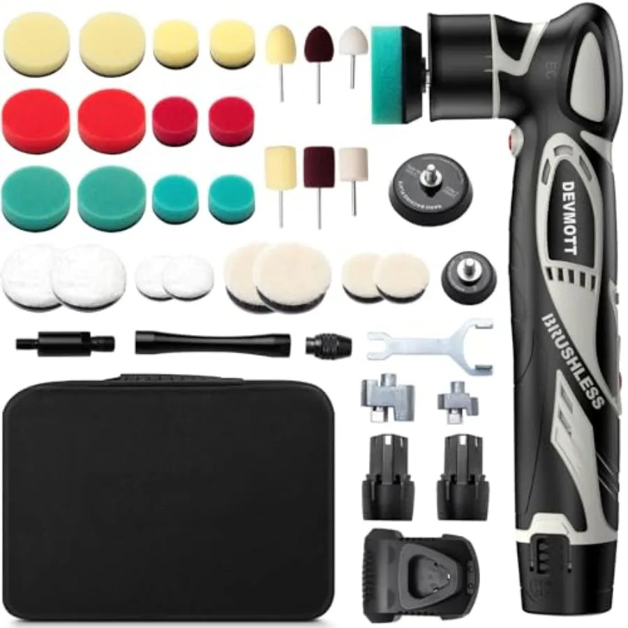 Cordless Mini Polisher 12V Brushless Motor with 2 x 2.5Ah Batteries 2000-5500 RPM Variable Speed for Car Waxing Polishing and S