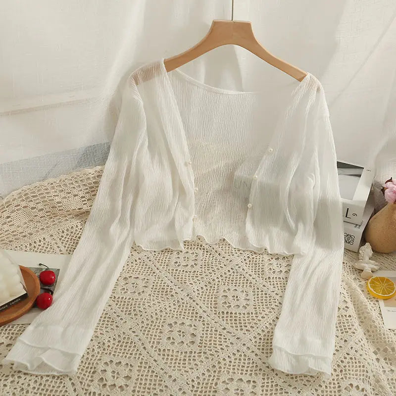 2025 Fairy Style Solid Cardigan Women Summer New Long Sleeve Sunscreen Sweet Beading V-neck Basics Loose Chiffon Cardigan - Smarsty