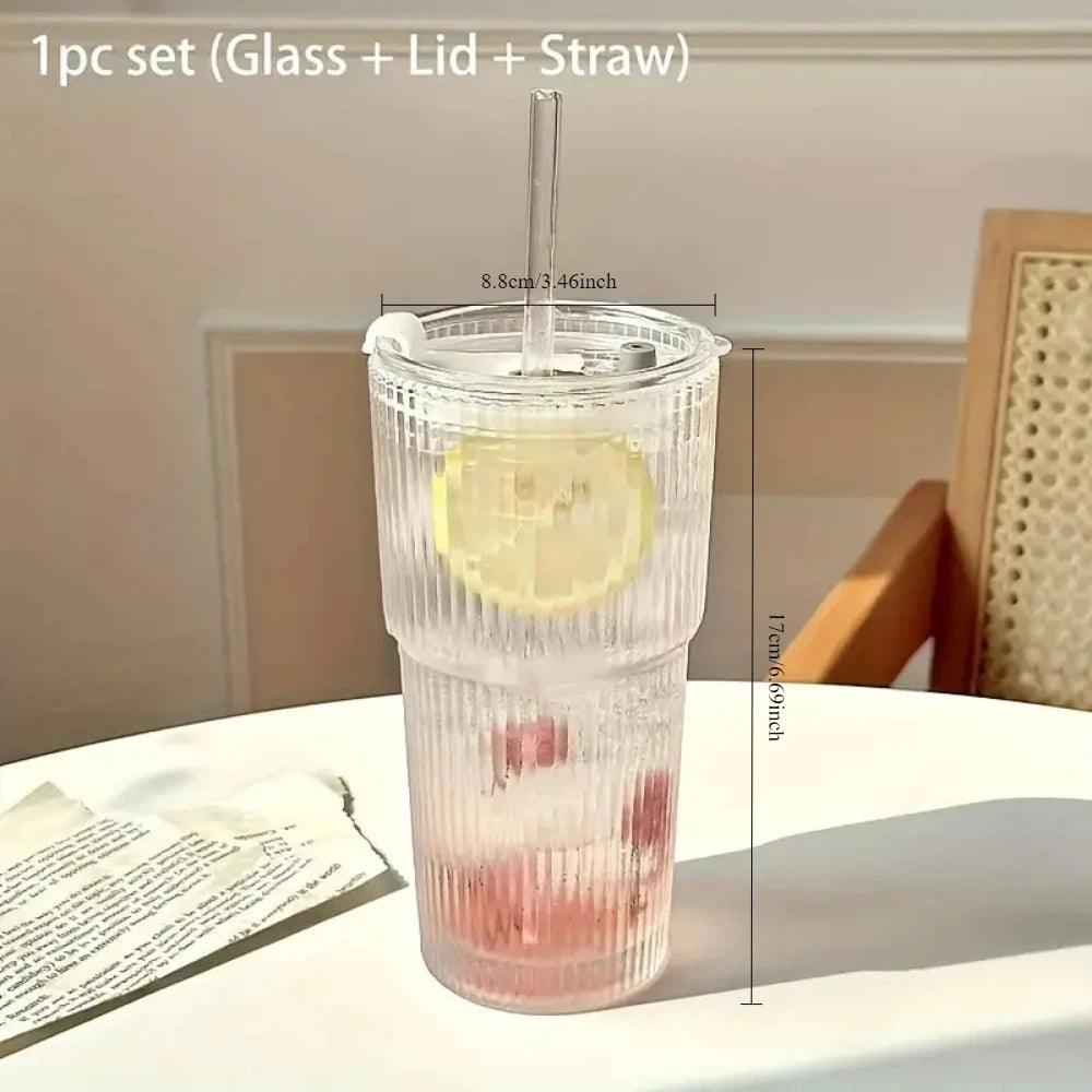 600ml Stripe Glass Cup with Lid and Straw - Smarsty