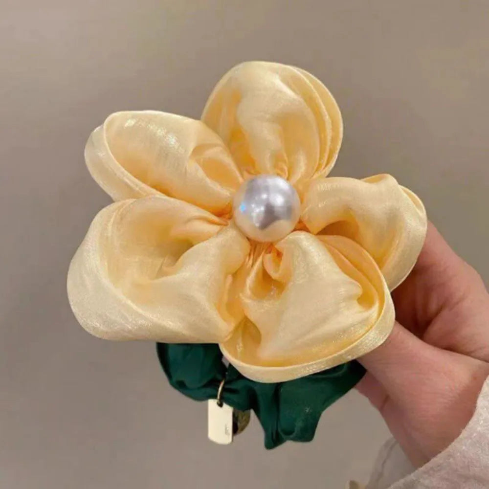 Elegant Pearl Rhinestone Organza Scrunchie For Ponytails - Smarsty