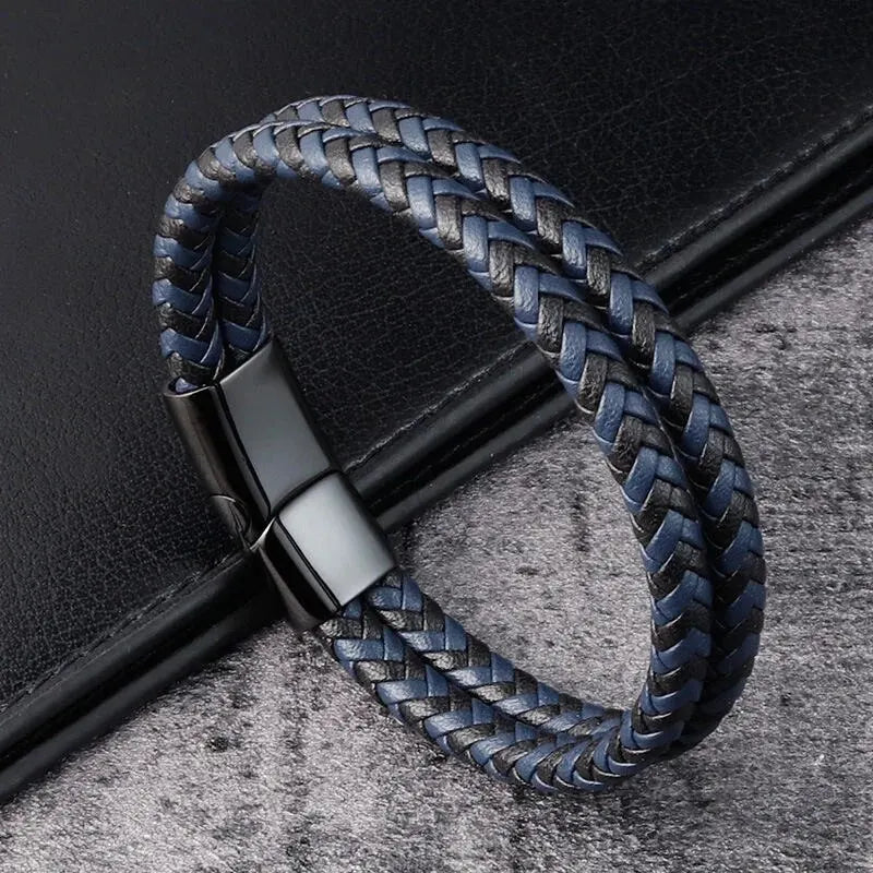 Mens Braided Leather Bracelet Double Band Bangle - Smarsty