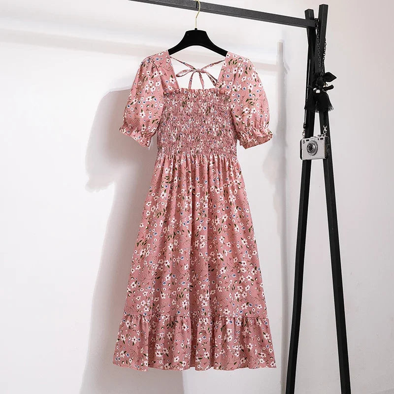 Spring Summer Chiffon Dresses Fashion Female Elastic Waist Short Sleeve Pleated Casual Dress Women A-line Dresses Vestidos - Smarsty