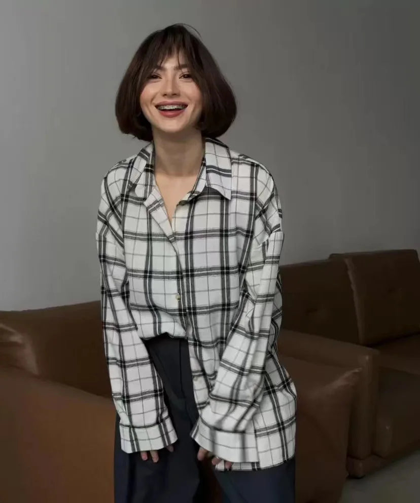 Oversized Plaid Shirt Autumn Winter Women Vintage Long Sleeve Fashion Loose Lapel Pocket Shirt Fit Blouse Korean Style - Smarsty