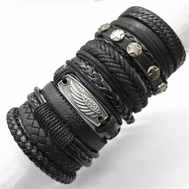 Handmade Black Leather Wrap Bracelets Set for Men and Women - Smarsty