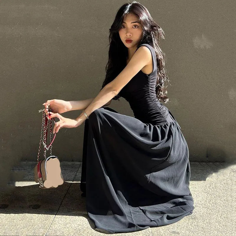 Black Wide Strap Maxi Dress for Women Summer Elegant Temperament High-Waist Party Long Dresses Sexy Ruched Bodycon Midi Dress