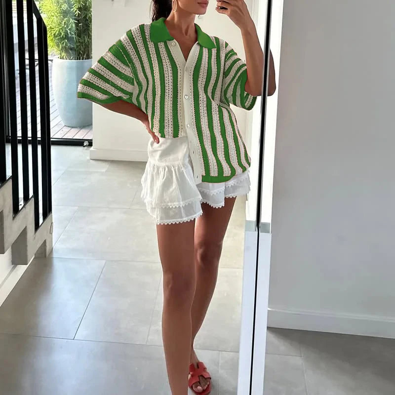 Striped Lapel Cardigan Women's Spring Summer 2025 New Button Knitted Contrast Short-sleeved Cardigan Street Women's Clothing - Smarsty