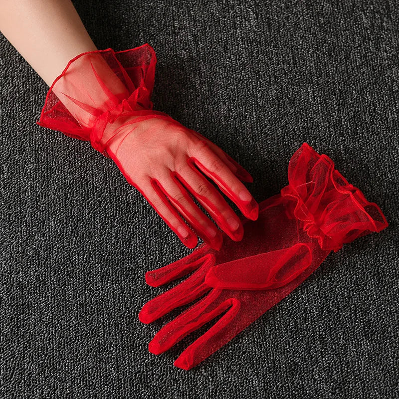 Women Lace Tulle Gloves Stretchy Full Finger Wedding Gloves - Smarsty