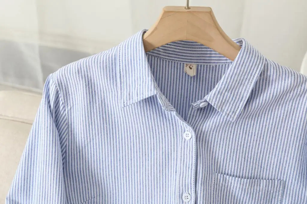 Casual Cotton Women's Oxford Shirt 2024 Autumn New Good Quality Woman Blouse and Tops Lady White Blue Striped Shirts Clothes - Smarsty