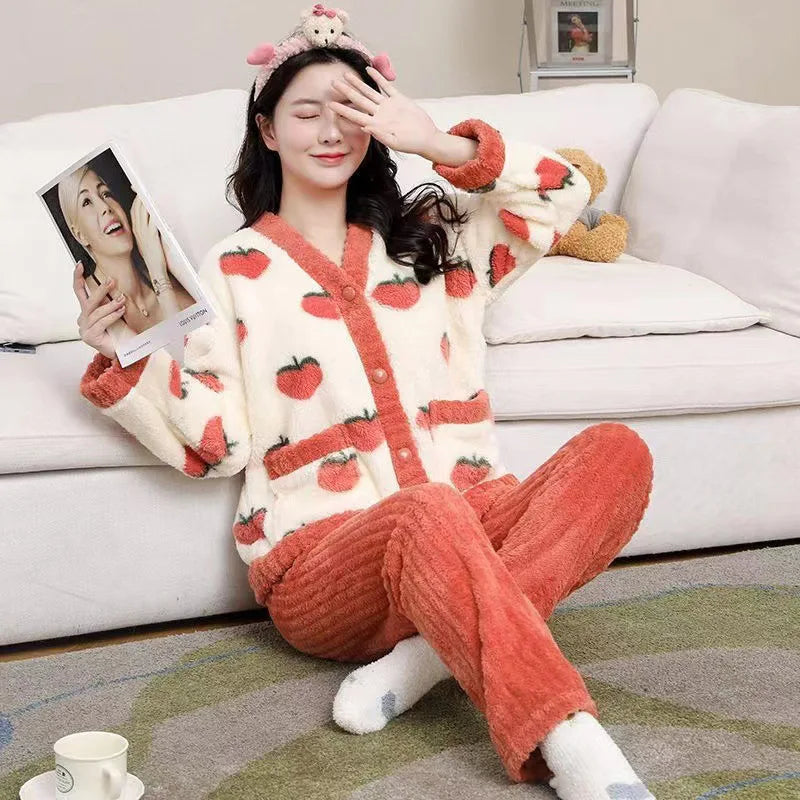 Padded and Thickened Warm Flannel Women Pajamas Loungewear Winter Peach Sleepwear Homewear Coral Velvet Two-Piece Set Nightwear - Smarsty