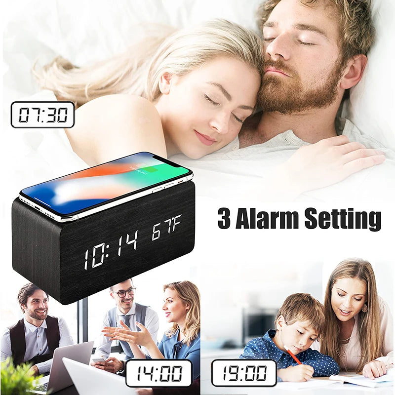 Wooden Digital Alarm Clock with Wireless Charging Feature - Smarsty