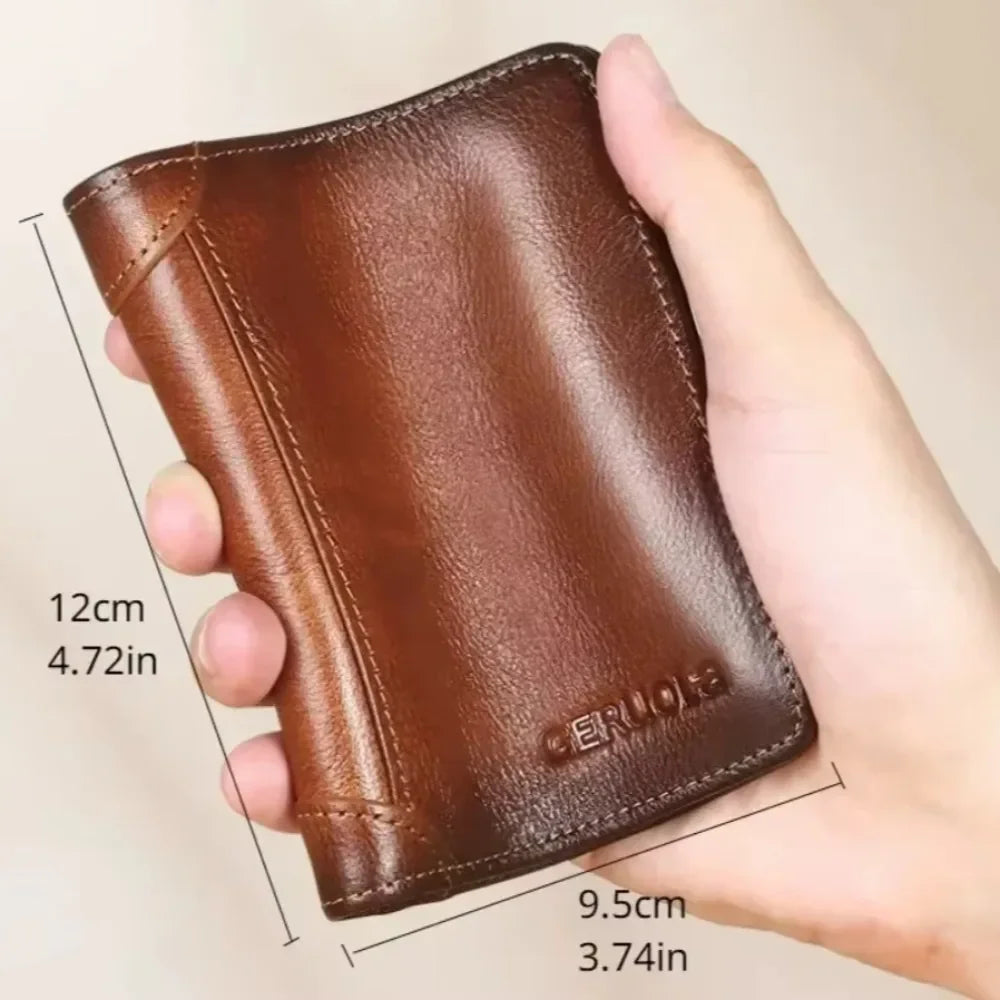Men Wallet Genuine Leather Rfid Blocking Trifold Wallet Vintage Thin Short Multi Function ID Credit Card Holder Male Purse Money