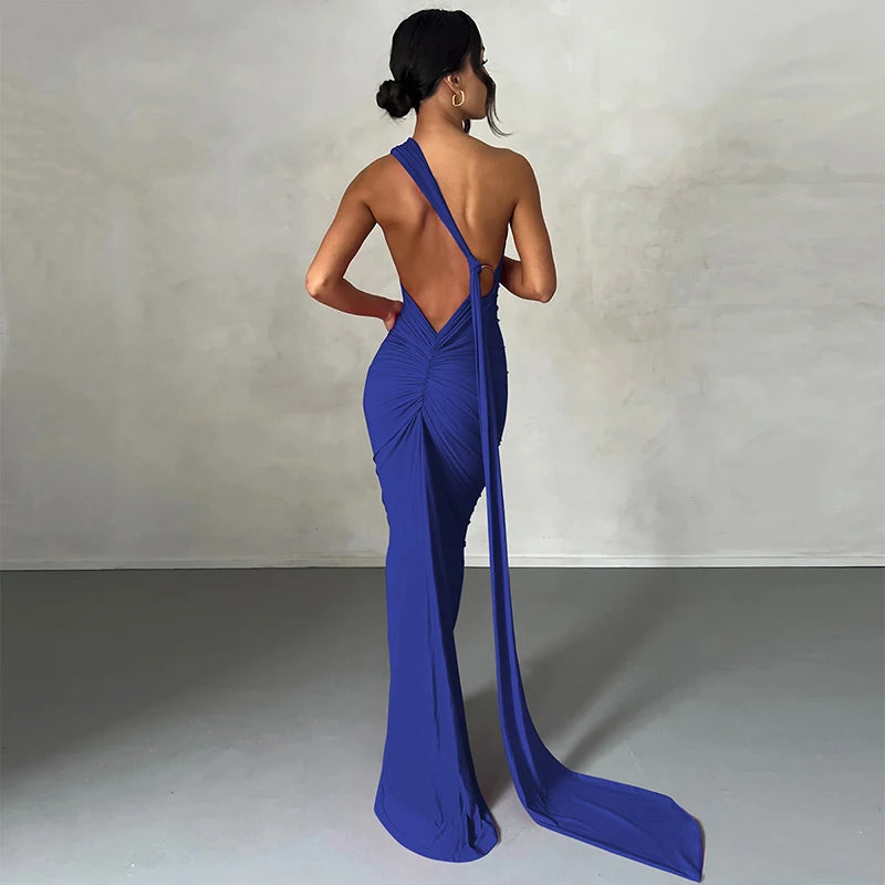 Hugcitar One Shoulder Backless Adjustable Scarf Loop Ruched Sexy Maxi Dress Women Elegant Y2K Streetwear Festival Outfit - Smarsty