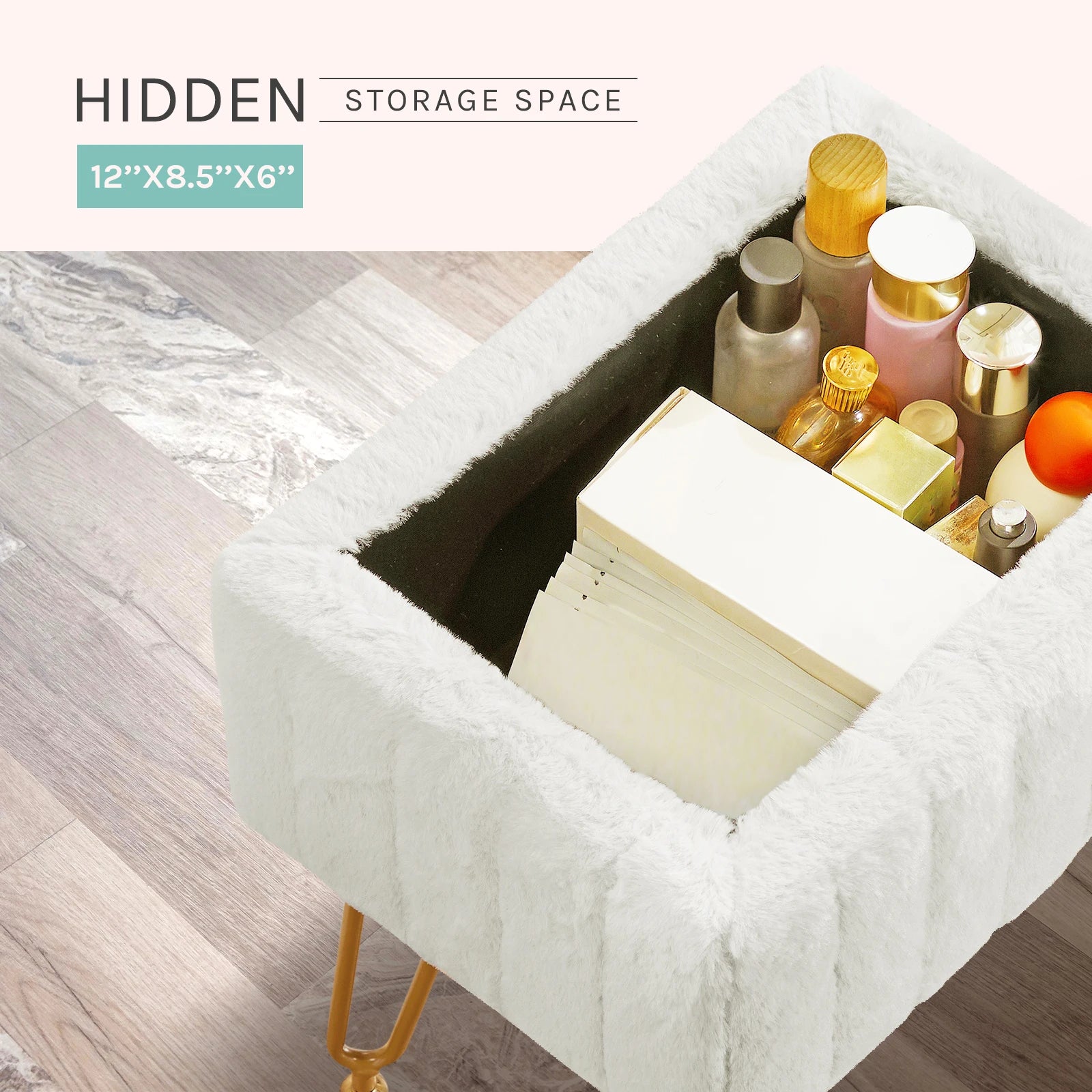 JHK Faux Fur Living Room Hidden Storage Stools & Ottomans Padded Makeup with 4 Metal Legs Anti-Slip Adjustable Feet for Home