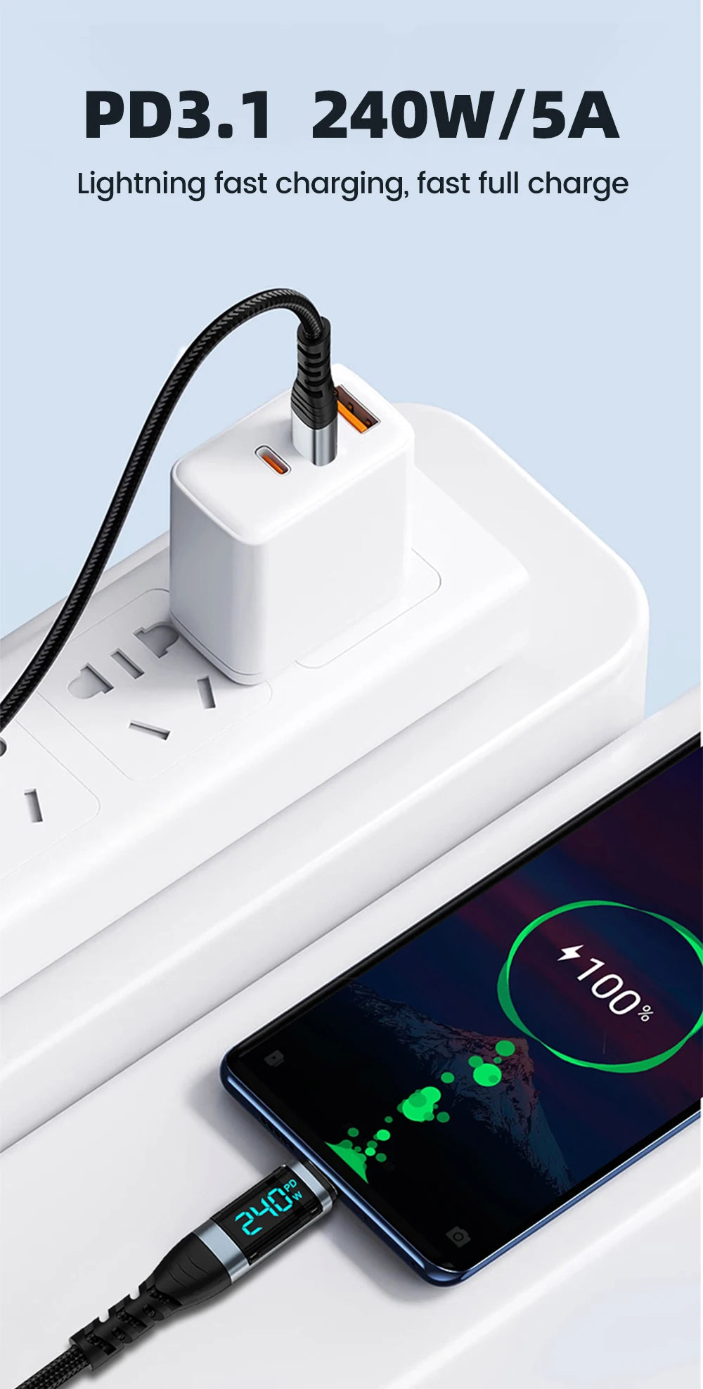 240W Type C to Type C Super Charge Digital Display Cable 0.5m-2m USB C Data Cable For Iphone 15 16 Samsung s24 s23 Huawei Xiaomi - Smarsty