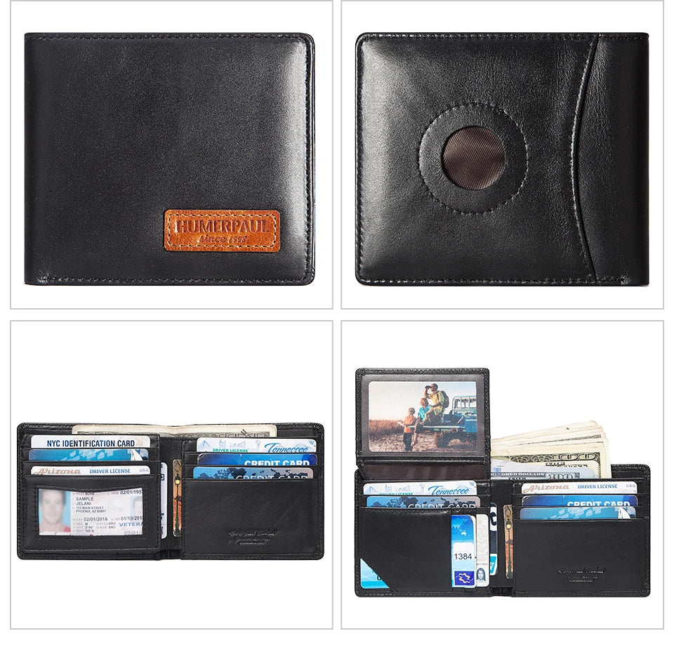 HUMERPAUL Airtag Wallet For Men Real Leather RFID Trifold Card Holder Case with ID Window Slim Anti-lost Purse - Smarsty
