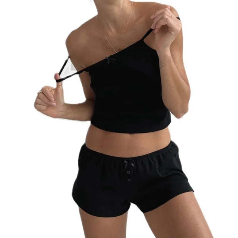 Retro Fairy Coquette Y2K Pajamas Outfits Comfy 2 Piece Set Loungewear Women Sexy V Neck Spaghetti Strap Camis Crop Tops + Shorts - Smarsty
