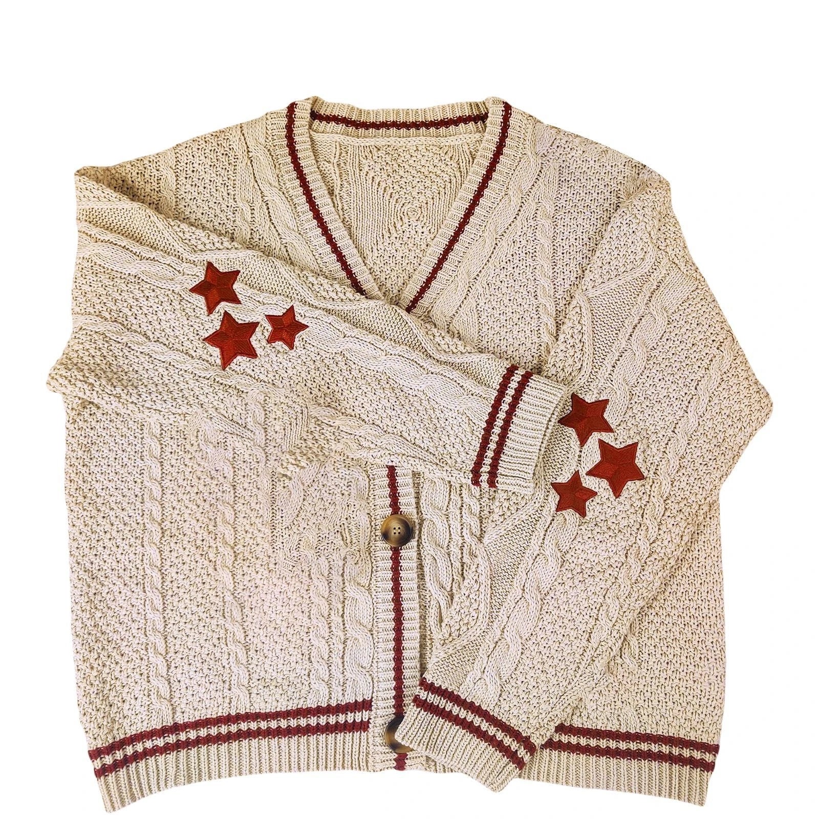 Women Winter Loose Knitted Cardigans Coat Star Embroidery Y2K Sweaters Streetwear Vintage Casual Single Breasted Long Sleeve Top - Smarsty