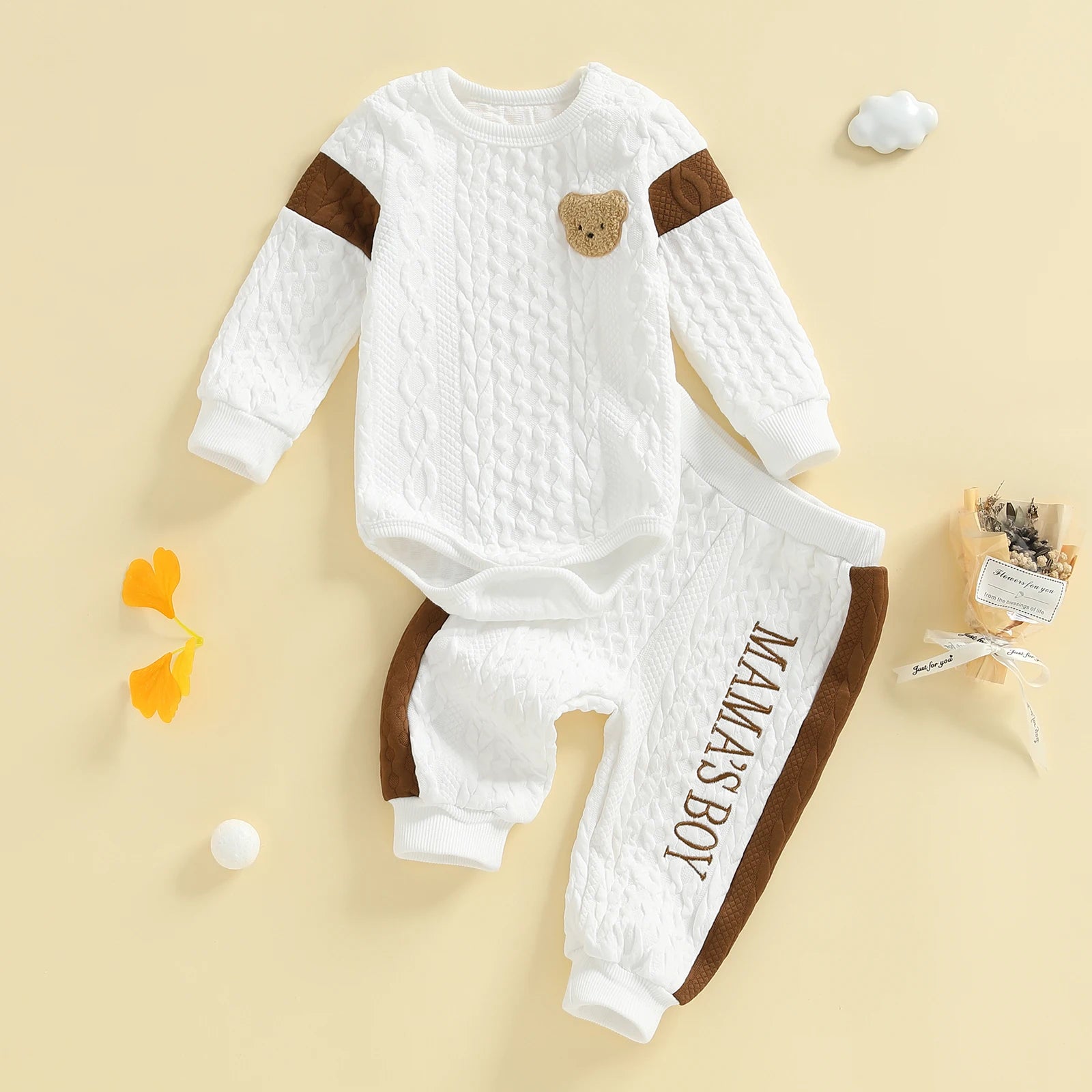 Adorable Baby Boy s Knit Set with Cute Animal Embroidery and Cozy Textured Romper and Pants - 2 Piece Fashion Ensemble