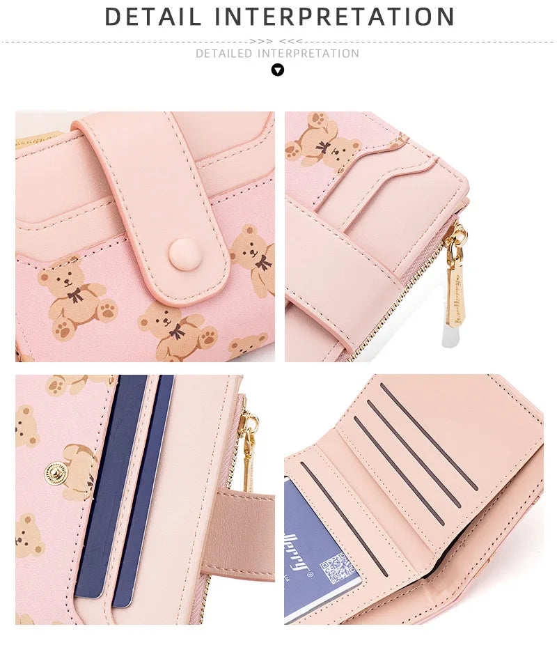 Women Short Wallets PU Leather Female Bifold Purses Cute Bear Card Holder Wallet for Girl Small Zipper Wallet with Coin Purse - Smarsty