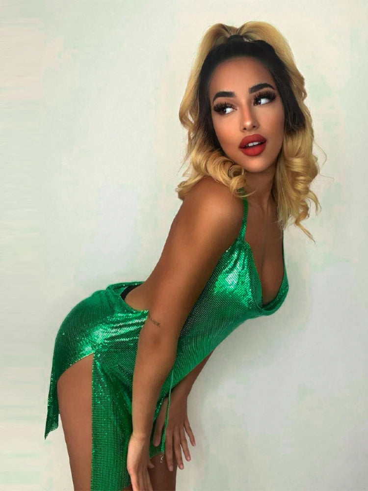 Sexy and Fashionable Women's Elegant Short Dress with Hanging Neck Backless Bottom Chest Sequin Party Girl Dance Dress - Smarsty