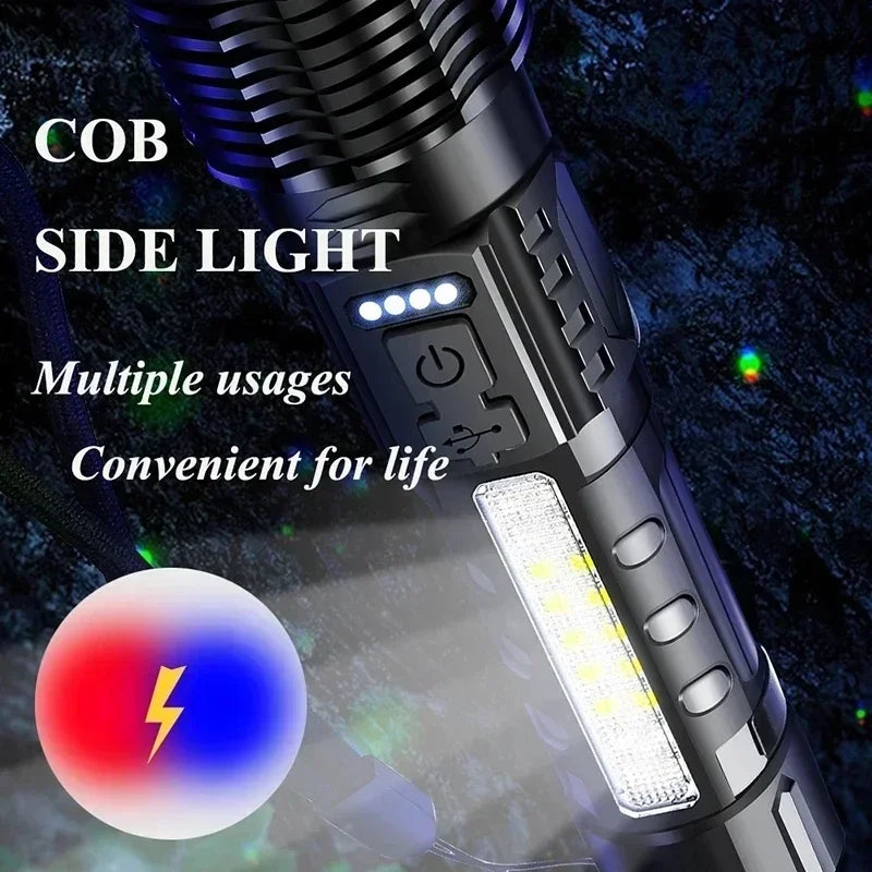 Rechargeable LED Flashlight Zoomable Torch with COB Side Led 7 Modes Waterproof High Power Hand Light Outdoor Wilderness Camping
