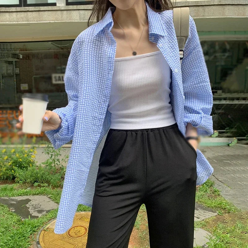 Korean Women's Shirt Sunscreen Long Sleeves Shirt Summer Women's Loose Casual Single Breasted Turndown Collar Plaid - Smarsty