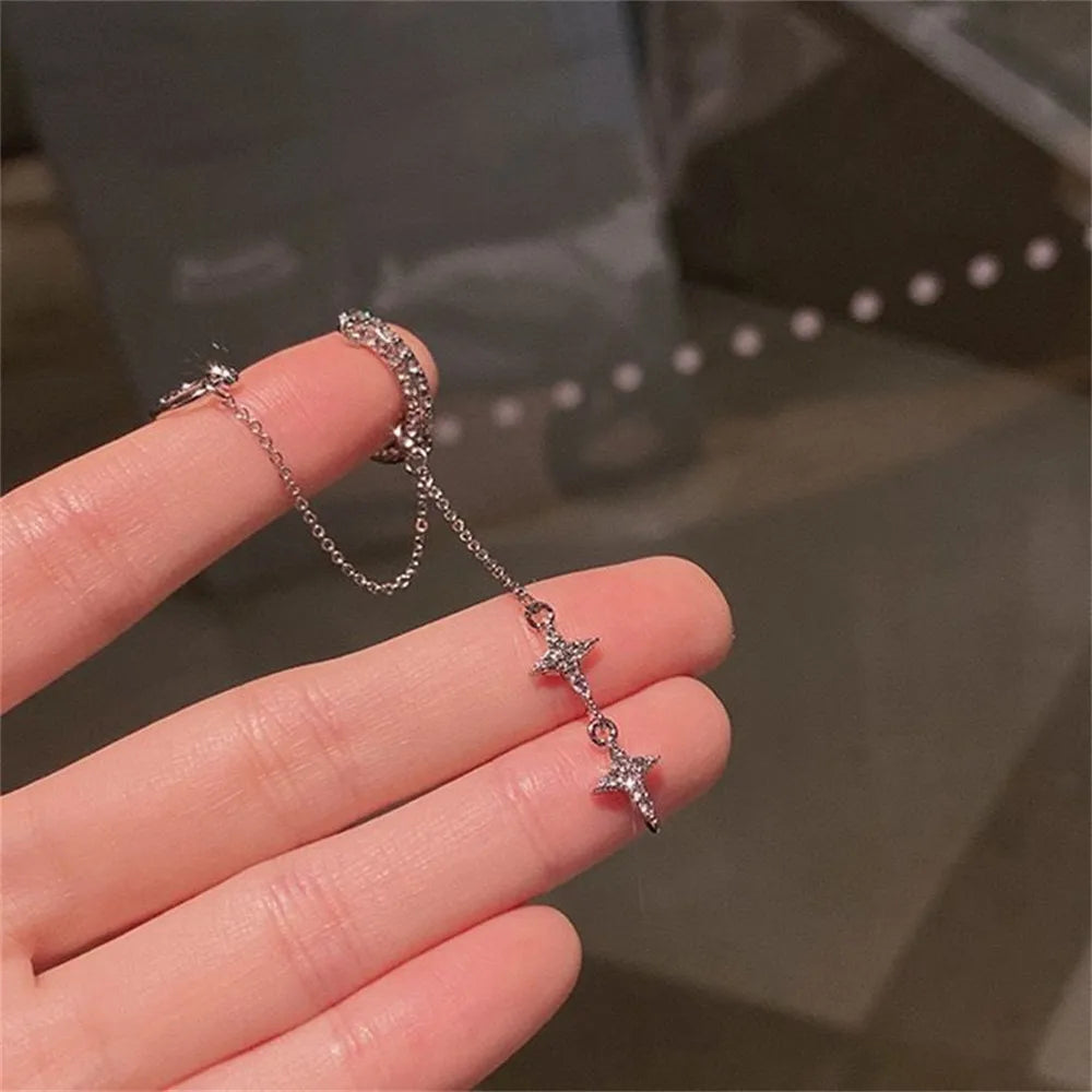 Shiny Silver Crystal Tassel Non-Piercing Ear Clip Earrings - Smarsty