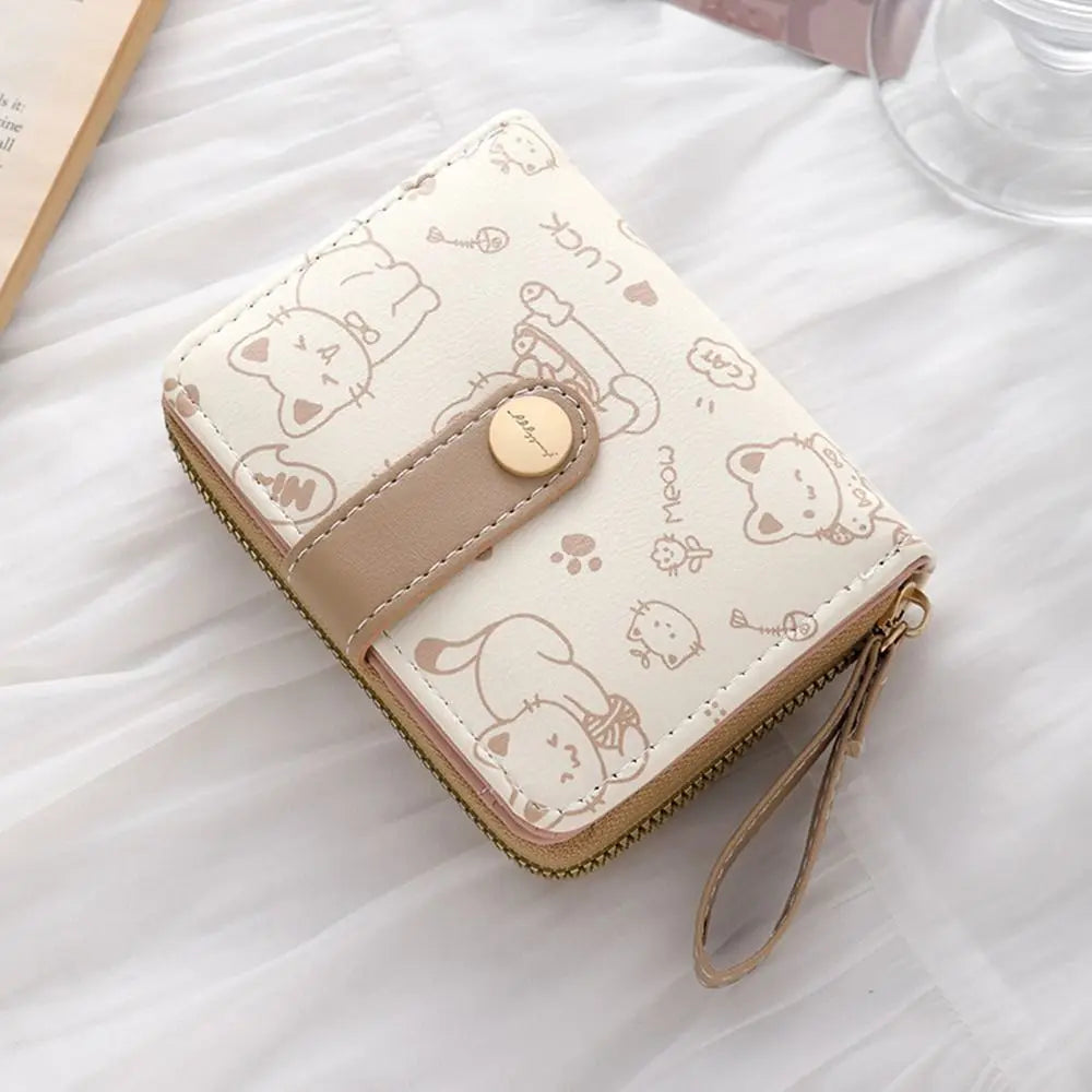 Cute Cat Coin Purse Women Fashion Short Wallet PU Leather Large Capacity Wallet Lightweight ID Card Holder Travel Cash Coin Bag - Smarsty