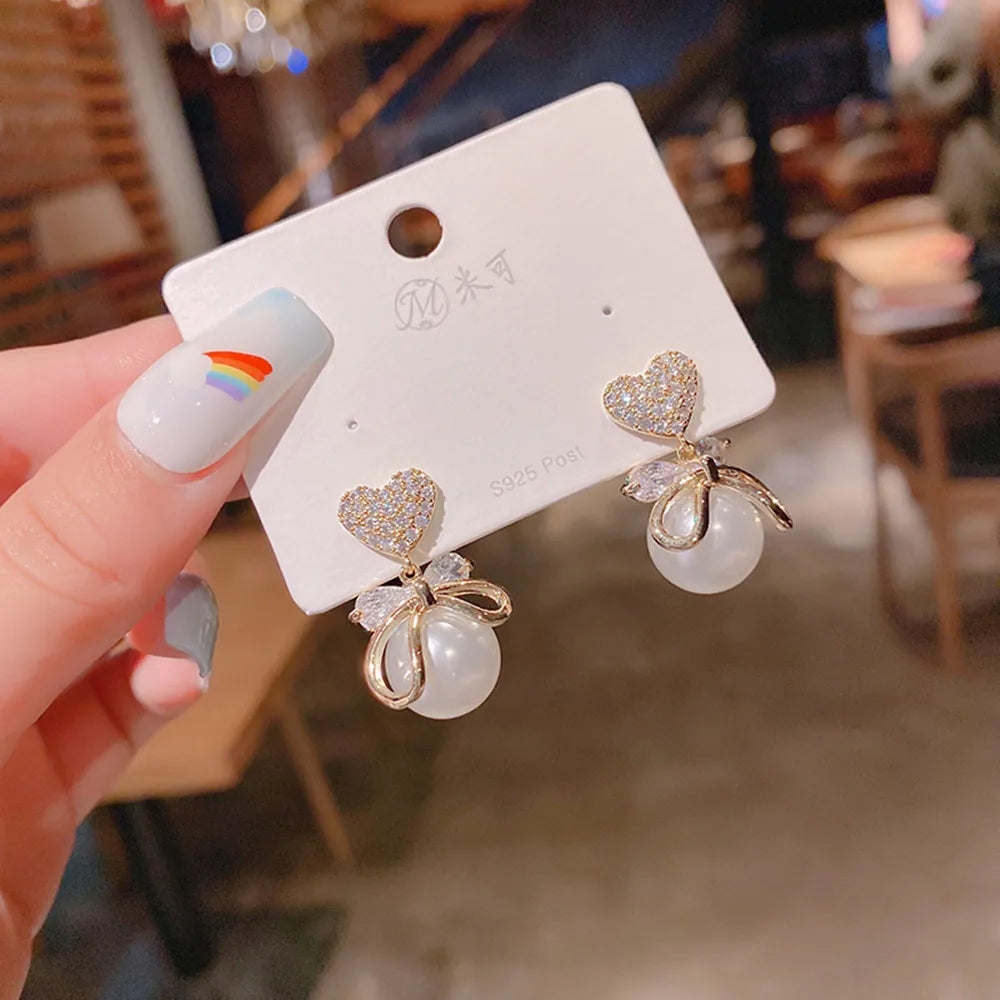 Pearl Long Earrings With Rhinestones For Wedding Fashion - Smarsty
