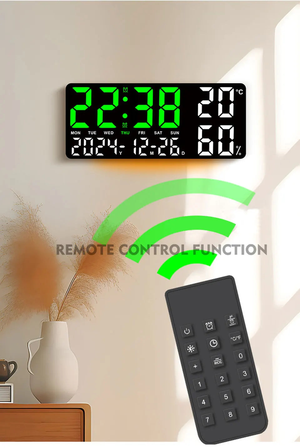 Digital Wall Clock with Remote Control and Humidity Display - Smarsty