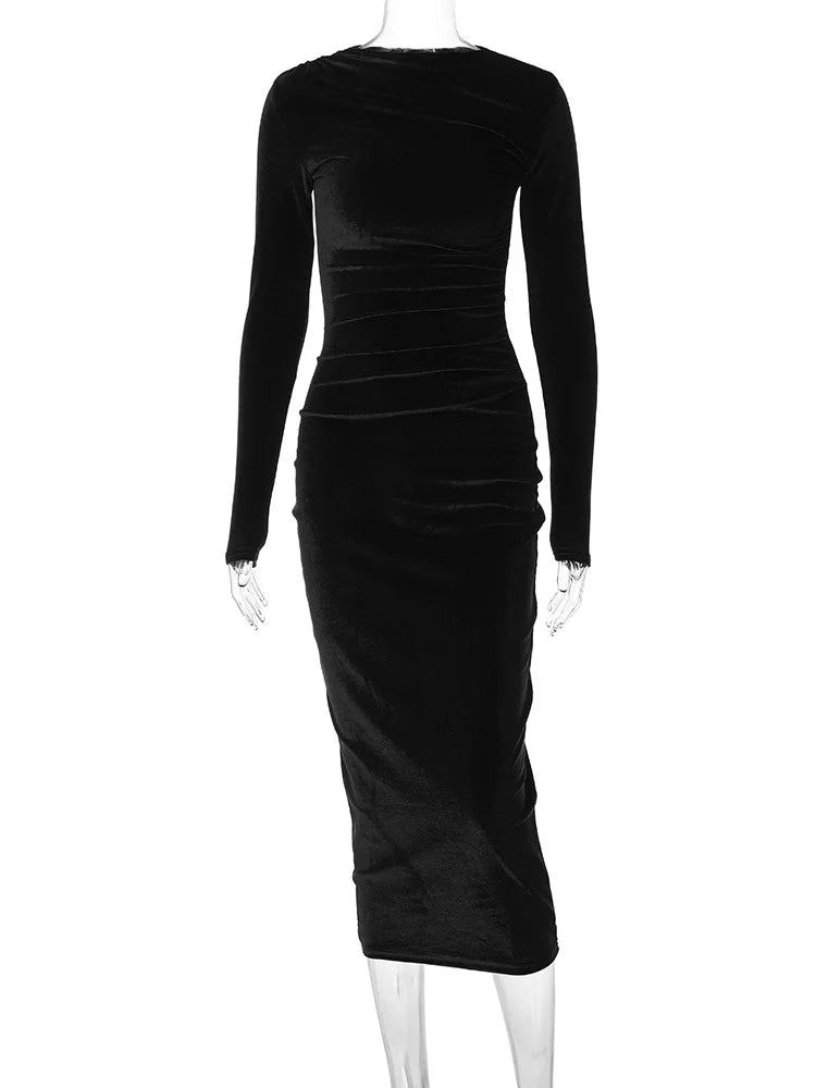 Dulzura 2024 Spring Summer Velvet Long Sleeve Midi Dress For Women Ruched Long Dress Elegant Party Clothes Evening Green Outfits - Smarsty