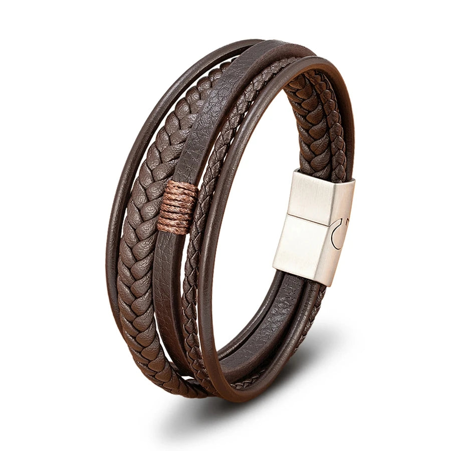 Mens Leather Bracelet Magnetic Buckle Multilayer Bangles - Smarsty