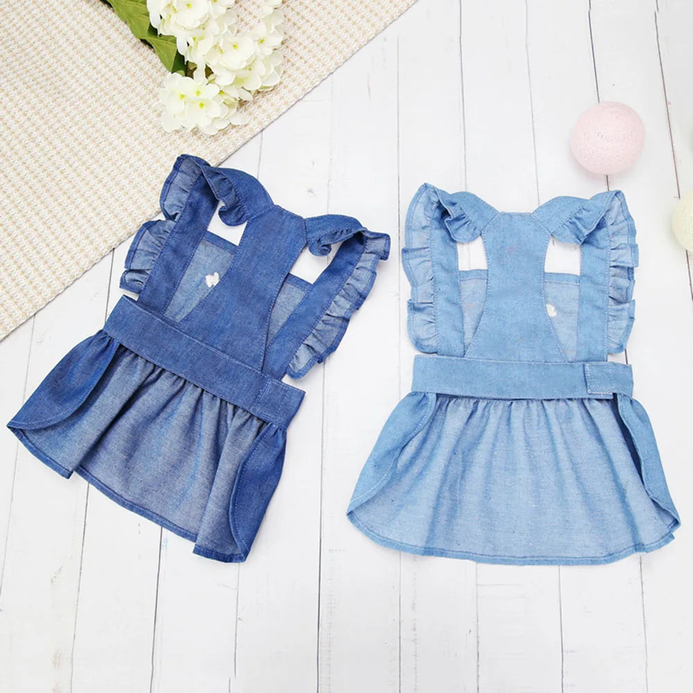 Cute Denim Dress for Small Dogs with Leash Ring - Smarsty