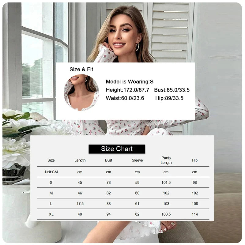 Sleepwear Women Floral Print Lettuce Trim Top with Long Pant Lovely Loungewear Full Sleeve Nightwear Spring Autumn Pajamas Set - Smarsty