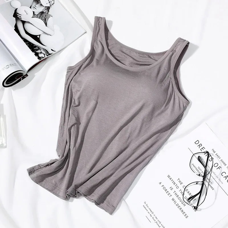 2023 Women's Vest Tops with Built In Bra Neck Vest Solid Color Padded Slim Fit Tank Tops Sexy Shirts Feminino Casual Tank Tops - Smarsty