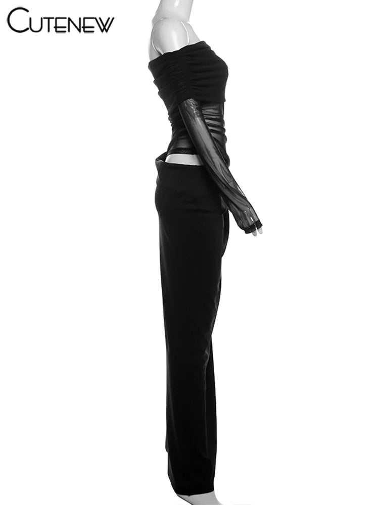 Cutenew Mesh Ruched Women Maxi Dress Sexy See Through Off Shoulder Long Sleeve Sheath Vestidos Female Midnight Party Solid Robe - Smarsty