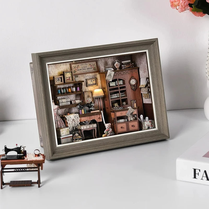 DIY Book Nook Kit 3D Miniature Wooden Doll House Photo Frame Ornament Bookshelf Insert Retro Booknook Decor For Birthday Gifts by Smarsty