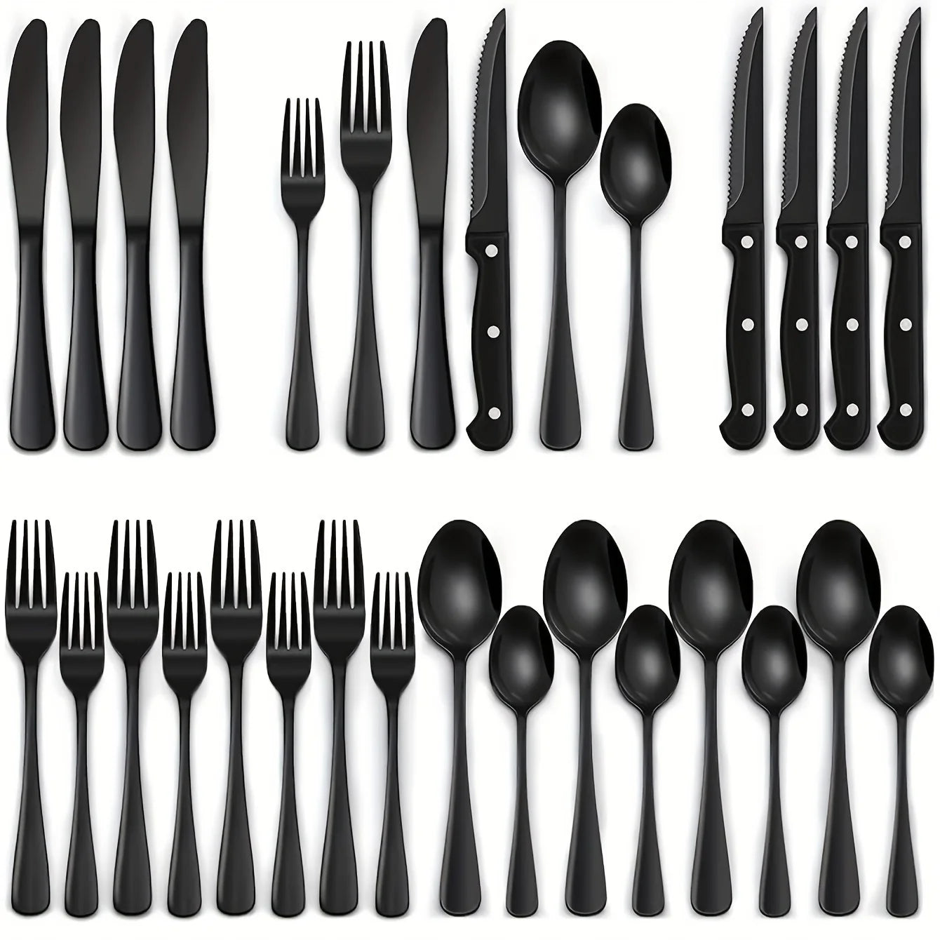36-Piece Black Silverware Set With Steak Knives, Black Flatware Set Food-Grade Stainless Steel Tableware Cutlery Set