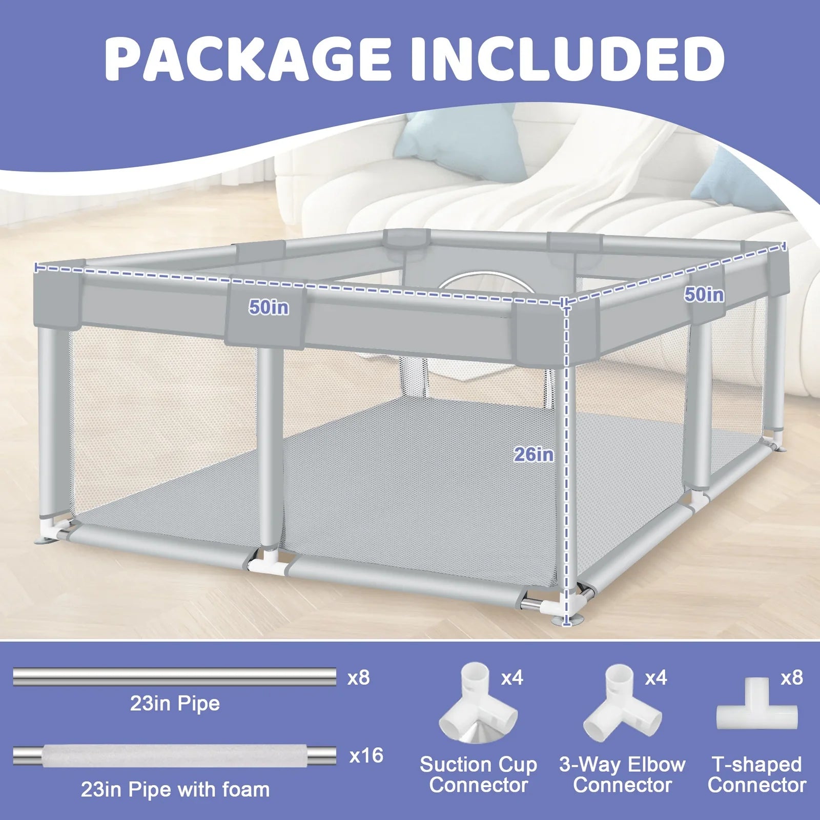 ANGDUO Baby Playpen 50*50 Inch Baby Play Yard With Soft Breathable Mesh Play Fence Infant Playard For Boy And Girls Light Gray